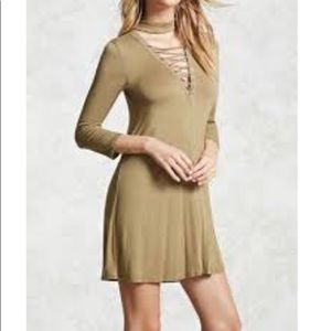 Forever 21 lace up choker neck dress olive green